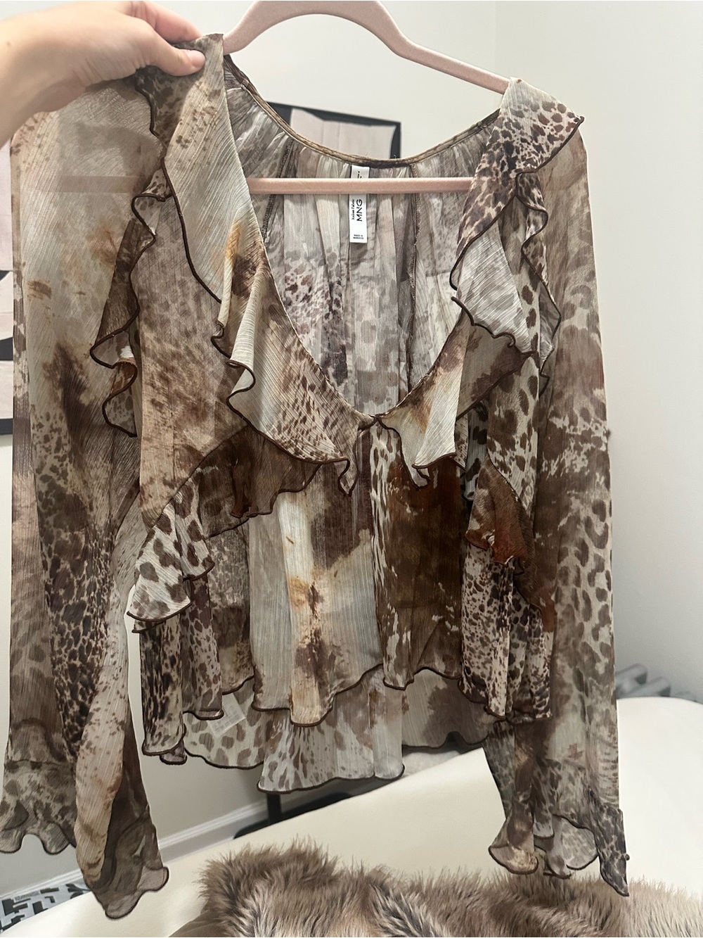 Mango Sheer Ruffle Animal-Print Blouse in Brown and Cream